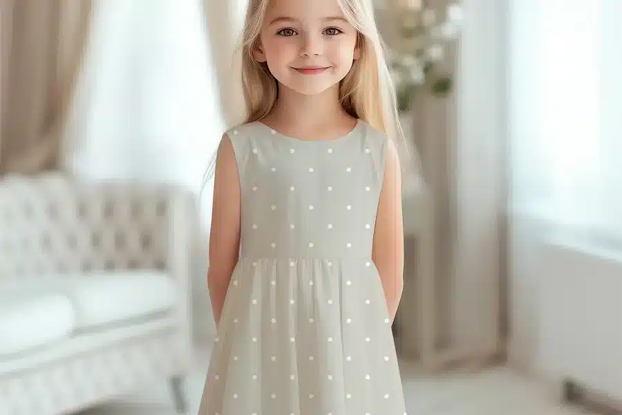 Girl In A Light Beige Polka Dot Dress.
