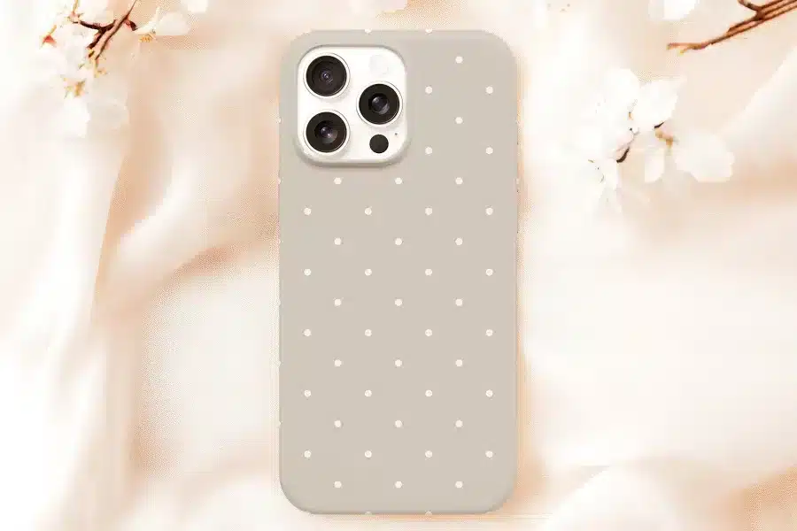 Beige Phone Case With White Polka Dots.