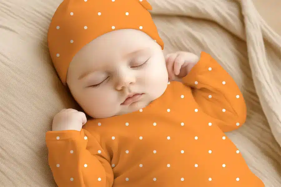 Sleeping Baby Wearing An Orange Polka Dot Onesie And Matching Hat.