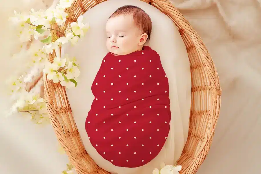 Sleeping baby swaddled in a red polka dot wrap.