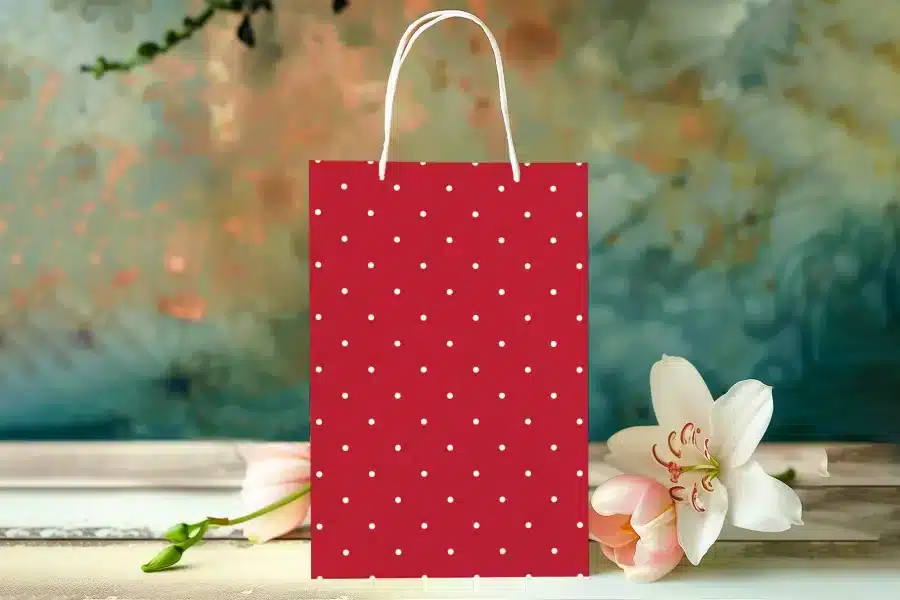 Red Polka Dot Gift Bag With White Handles.