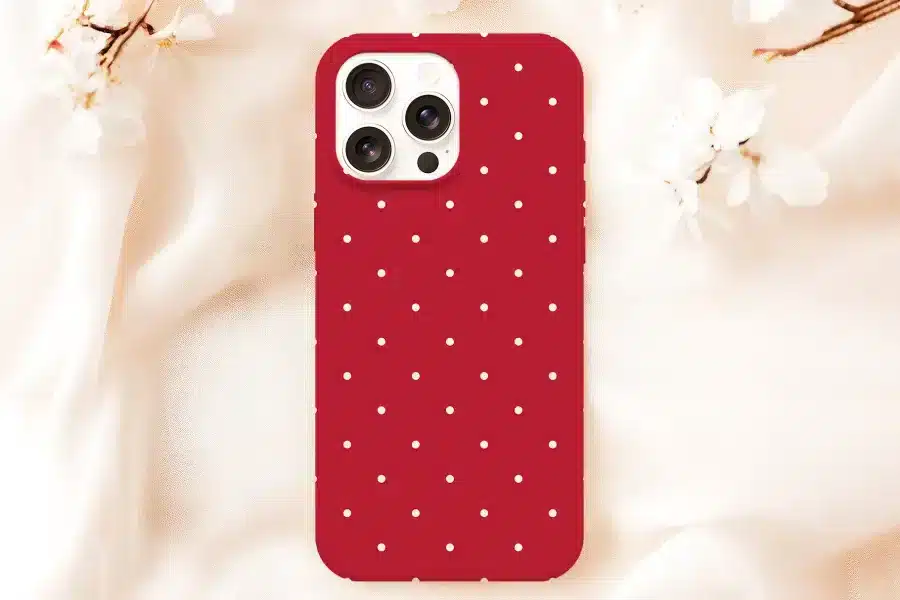 Red Phone Case With White Polka Dots.