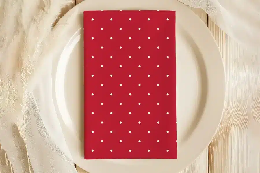 Red Napkin With White Polka Dots On A White Plate.