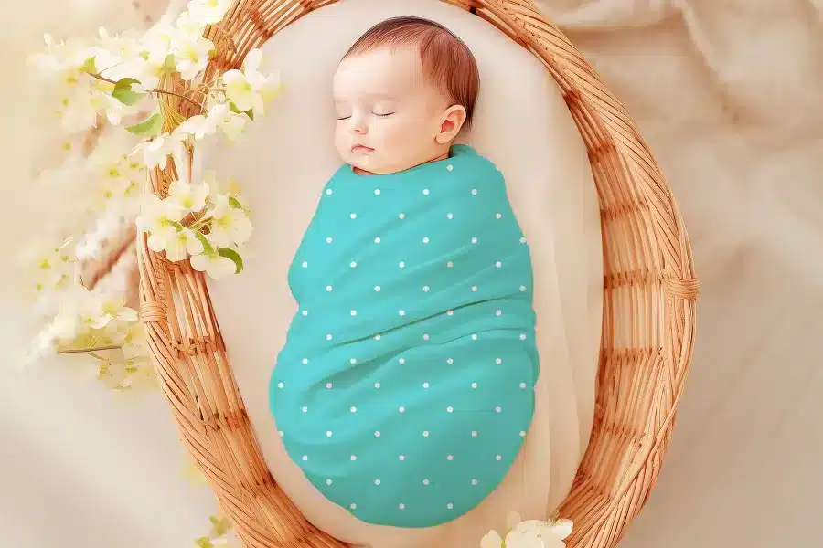 Sleeping baby swaddled in a teal polka dot wrap, inside a wicker basket.
