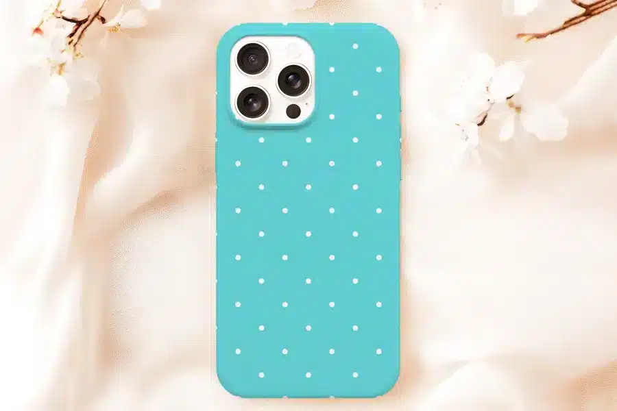 Teal Phone Case With White Polka Dots.