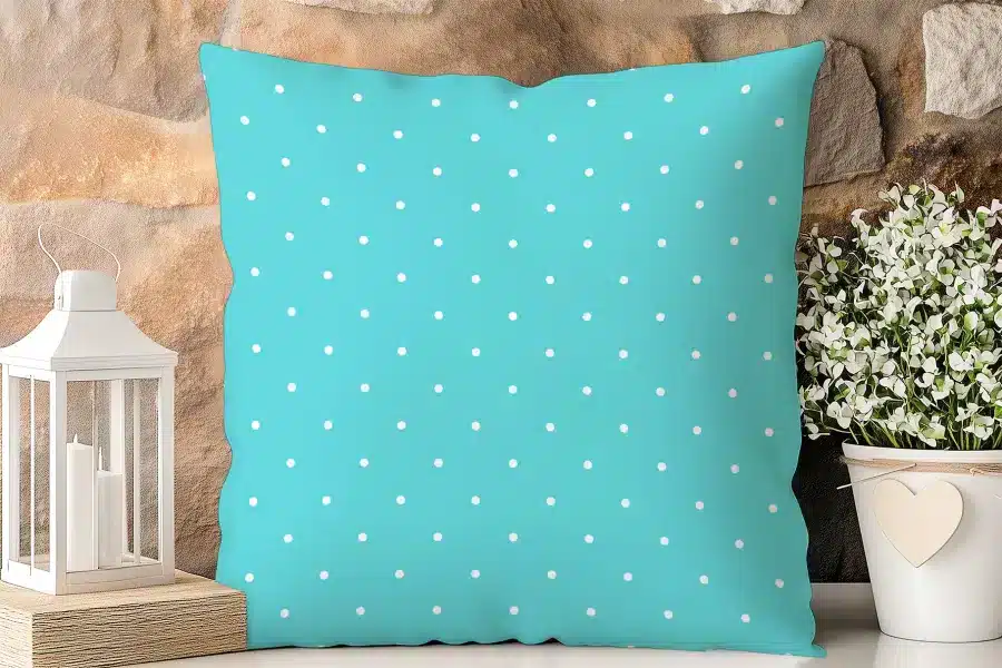 Teal Blue Pillow With White Polka Dots.