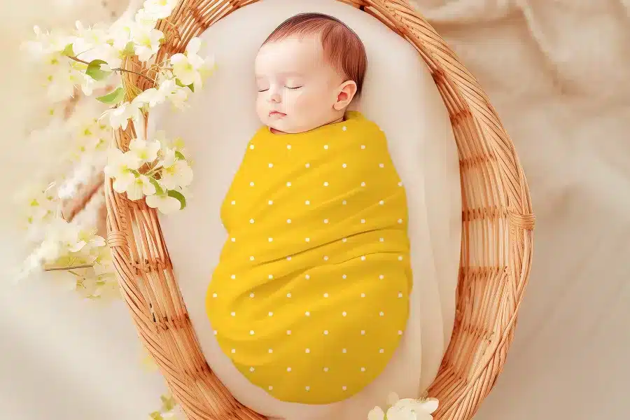 Sleeping baby swaddled in a yellow polka dot wrap.