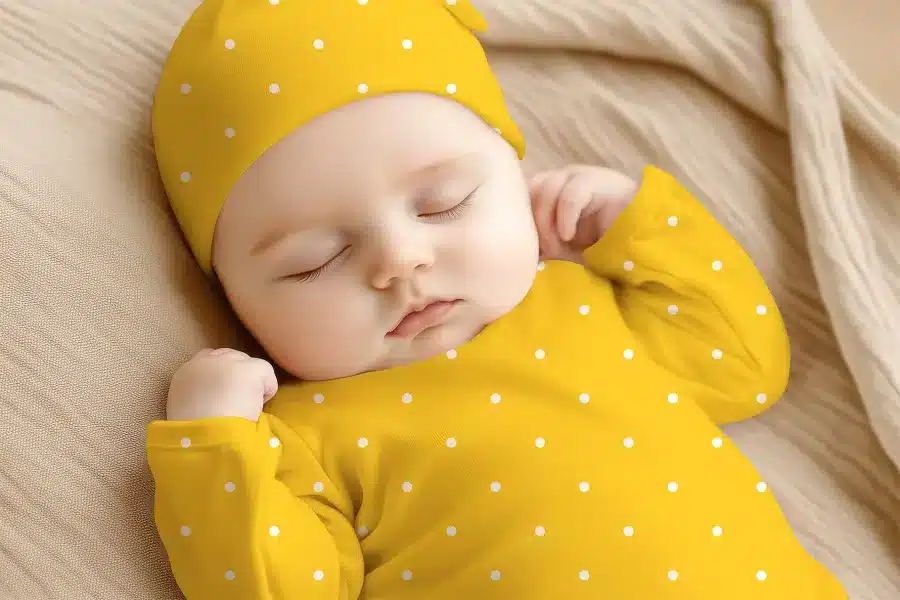 Sleeping Baby Wearing A Yellow Polka Dot Onesie And Matching Hat.