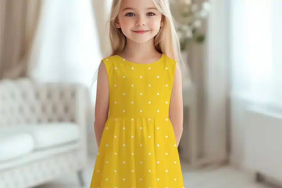 Young Girl Wearing A Yellow Polka Dot Dress.