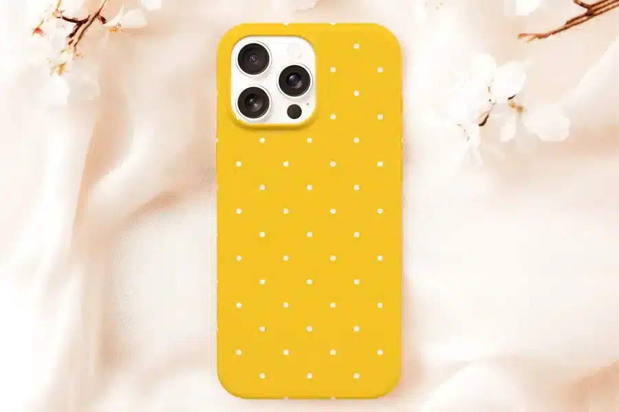 Yellow Phone Case With White Polka Dots.