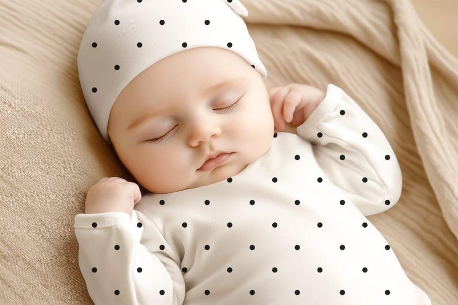 Sleeping Baby Wearing A White Polka Dot Onesie And Matching Hat.