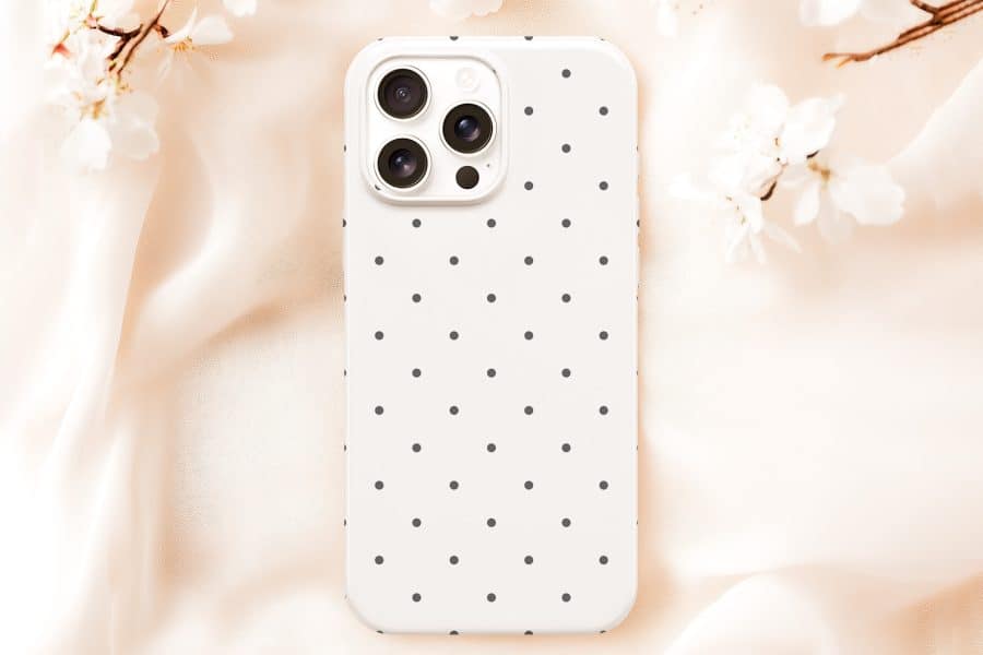 White Iphone Case With Dark Gray Polka Dots.