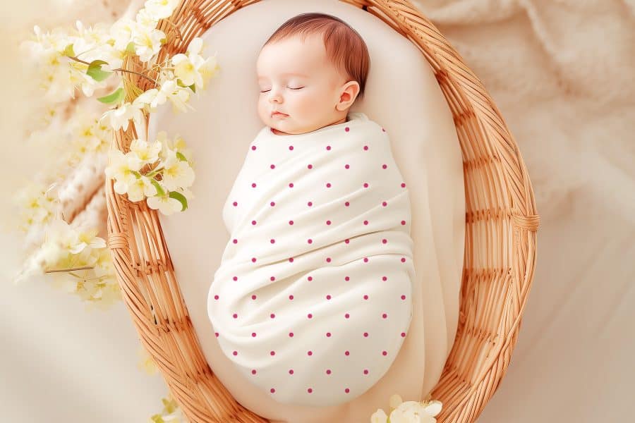 Sleeping baby swaddled in a pink polka dot blanket inside a wicker basket.