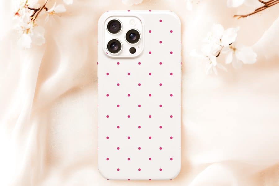 White Iphone Case With Pink Polka Dots.