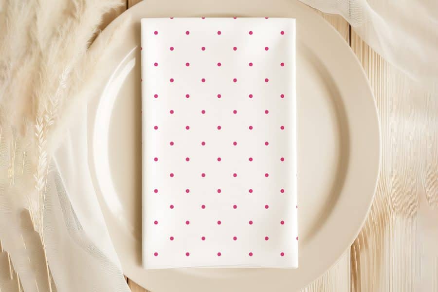 White Napkin With Pink Polka Dots On A Beige Plate.