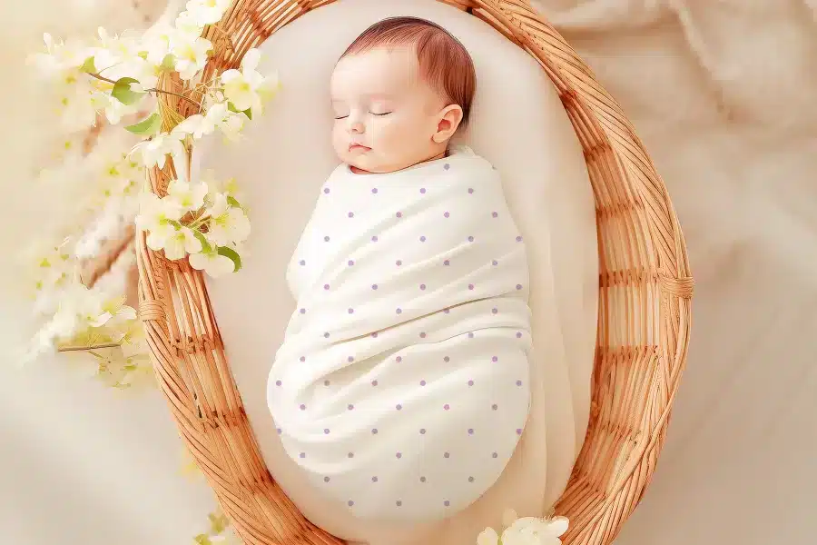 Sleeping baby swaddled in a white polka dot blanket inside a wicker basket.