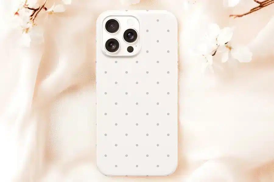 White Phone Case With Small Gray Polka Dots.