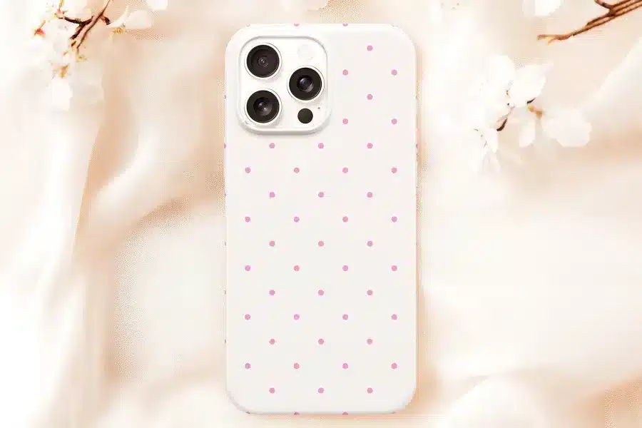 White Iphone Case With Light Pink Polka Dots.