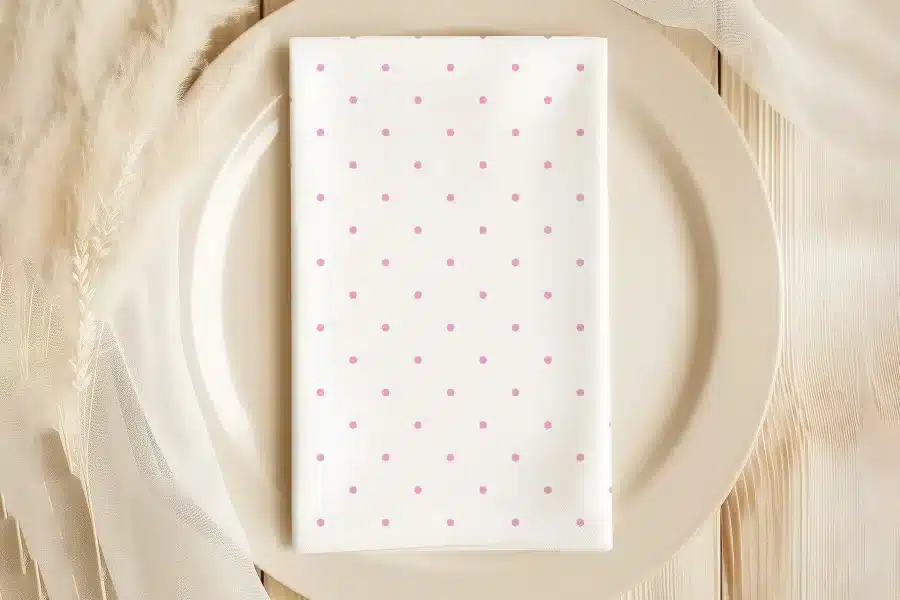 White Napkin With Light Pink Polka Dots On A Beige Plate.