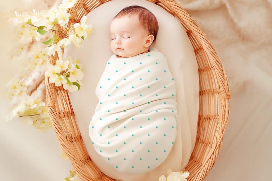 Sleeping baby swaddled in a white polka dot blanket inside a wicker basket.