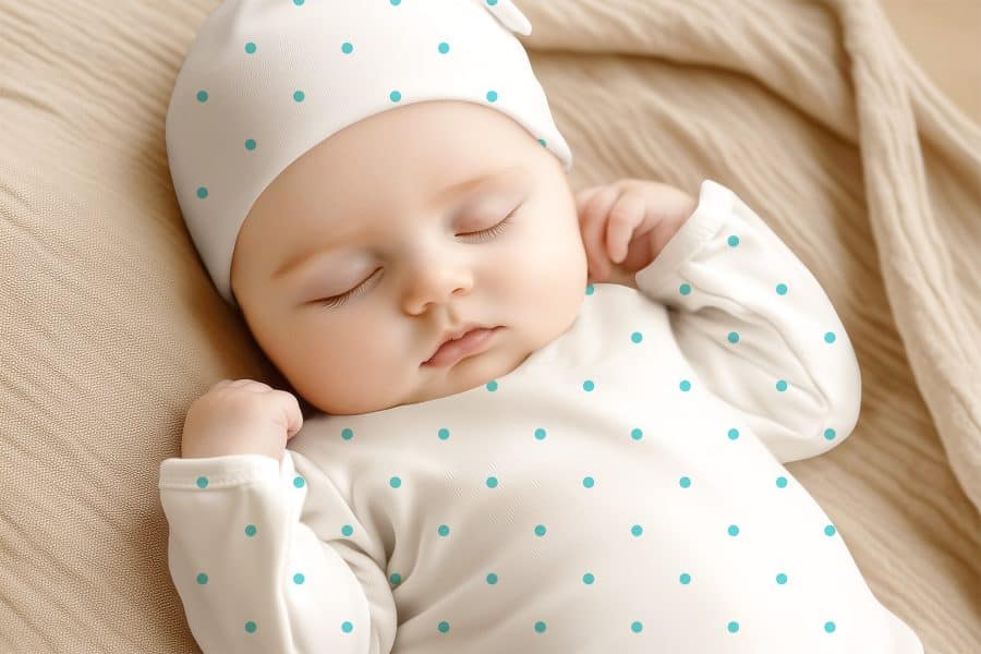 Sleeping Baby Wearing A White, Teal-Polka-Dotted Onesie And Matching Hat.