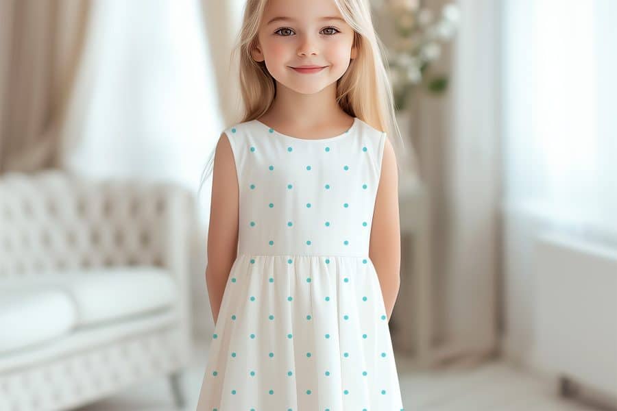A Young Girl In A White Dress With Light Teal Polka Dots.