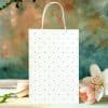 White Paper Gift Bag With Light Teal Polka Dots, Situated In Front Of Blurred Flowers.