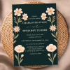 Wedding Invitation For Charlotte Evans And Benjamin Turner, Featuring A Dark Green Background And Peach-Colored Flowers.