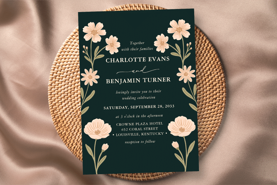 Wedding Invitation For Charlotte Evans And Benjamin Turner, Featuring A Dark Green Background And Peach-Colored Flowers.