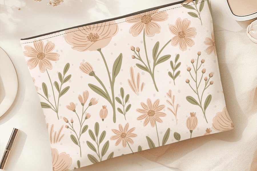 Floral Zippered Pouch With A Light Beige Background.