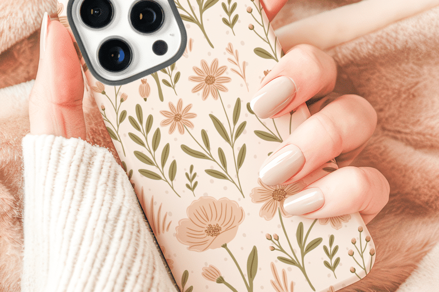 Hands Holding A Phone In A Floral Phone Case.