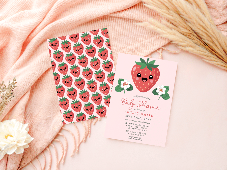 Baby Shower Invitation Featuring A Cute Cartoon Strawberry.