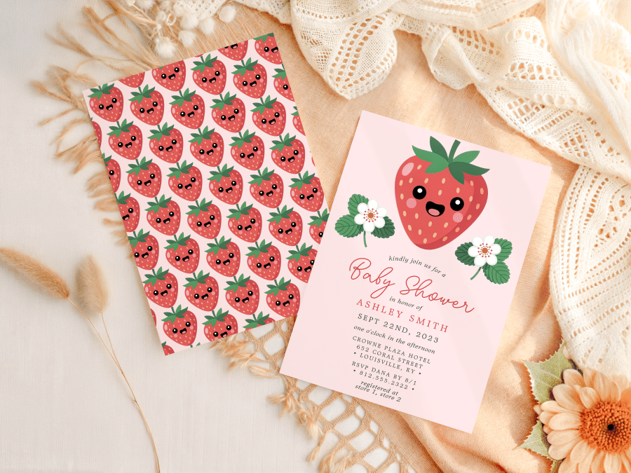 Baby Shower Invitation Featuring A Cute Cartoon Strawberry.