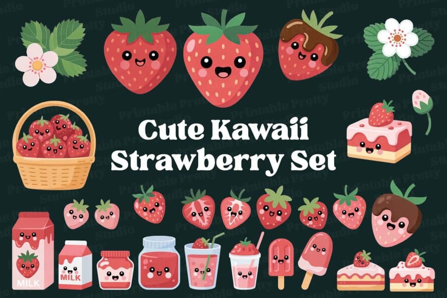 Delightful Cute Kawaii Strawberry Clip Art set featuring happy strawberries, desserts, milk, and floral elements