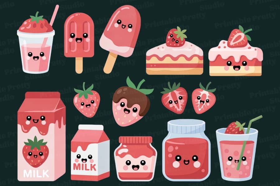 Assortment of Cute Kawaii Strawberry Clipart: individual graphics of strawberry treats, drinks, and happy fruit characters