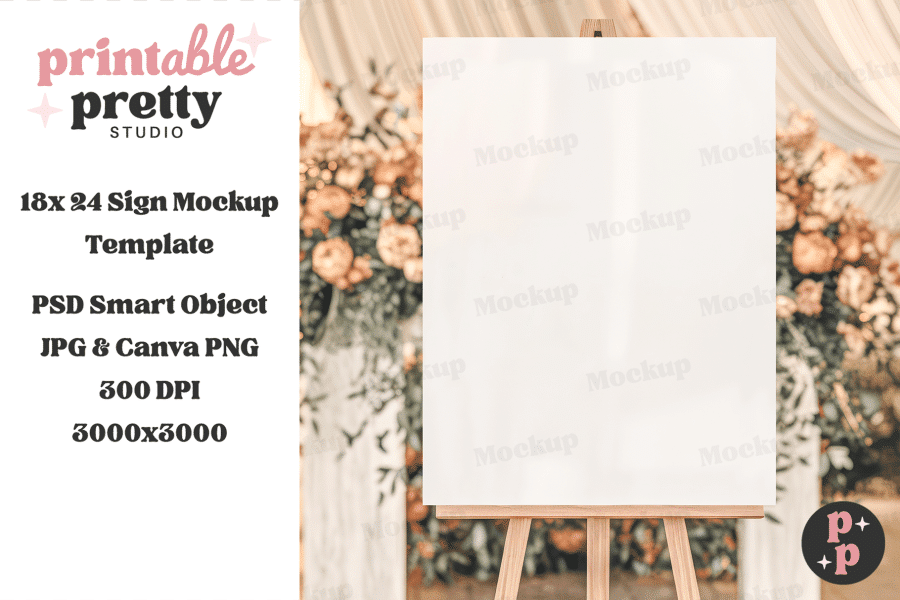 Peach Floral Wedding Sign Mockup Blank sign on easel in front of blurred floral arrangement.