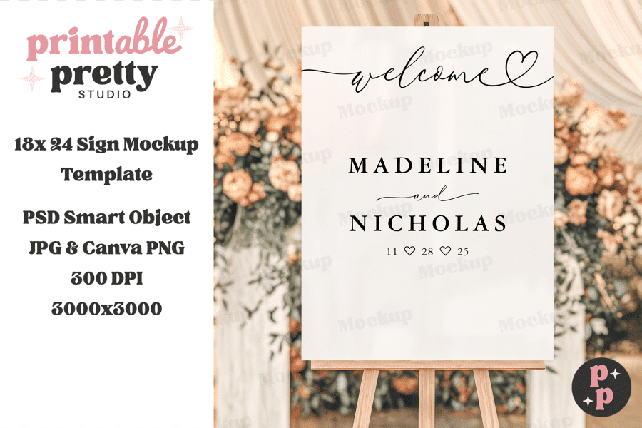 Wedding Welcome Sign Mockup On Easel, Displaying The Names Madeline And Nicholas With Wedding Date.