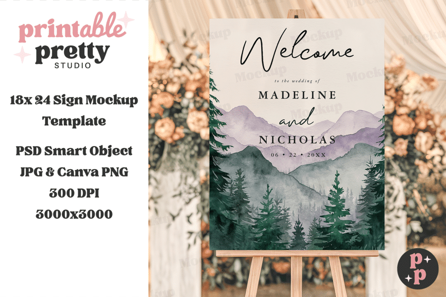 Wedding Welcome Sign Mockup Featuring A Watercolor Mountain And Forest Scene With The Couple'S Names.