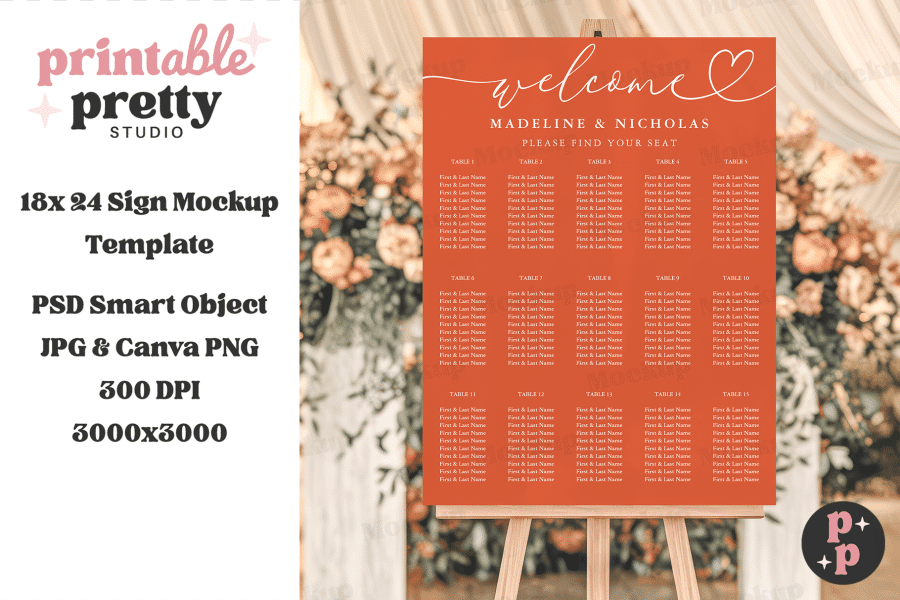 A Peach-Colored Wedding Seating Chart With Madeline &Amp; Nicholas' Names At The Top.