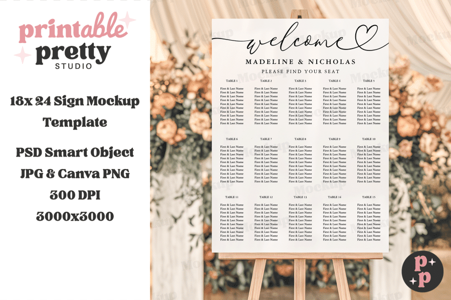 Wedding Seating Chart Mockup On An Easel.