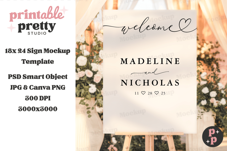 Wedding Welcome Sign On An Easel, Displaying The Names Madeline And Nicholas With Their Wedding Date.