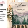Wedding Welcome Sign With Watercolor Mountains And Pine Trees, Displaying The Names Madeline And Nicholas And Their Wedding Date.