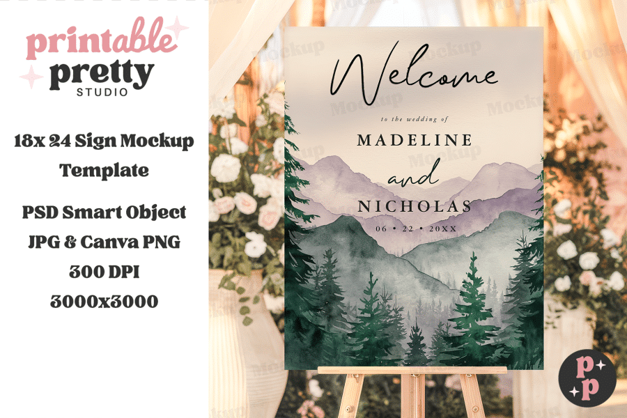 Wedding Welcome Sign With Watercolor Mountains And Pine Trees, Displaying The Names Madeline And Nicholas And Their Wedding Date.