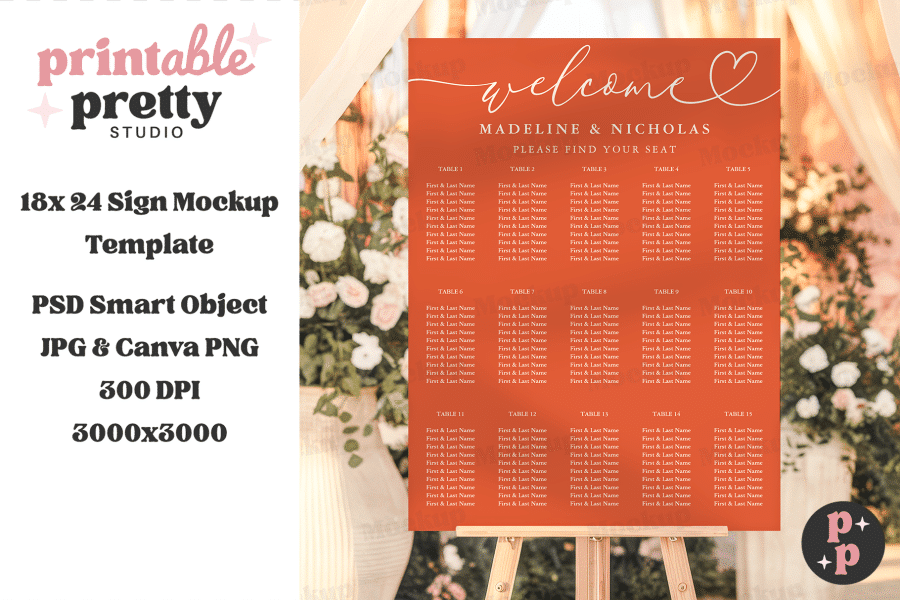 Orange Wedding Seating Chart On Easel,  With Madeline &Amp; Nicholas' Names At The Top.