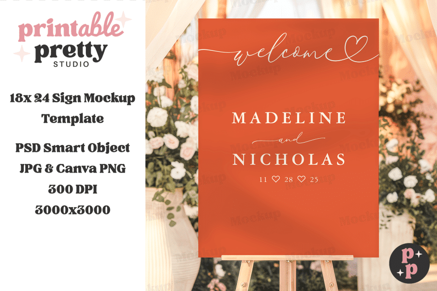 A Terracotta-Colored Wedding Welcome Sign On An Easel Displays The Names Madeline And Nicholas With Their Wedding Date.