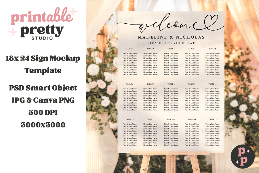 Wedding Seating Chart For Madeline And Nicholas, Displayed On An Easel.