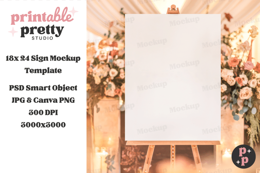 Chic Garden Wedding Sign Mockup Blank sign on easel in front of blurred floral arrangement.