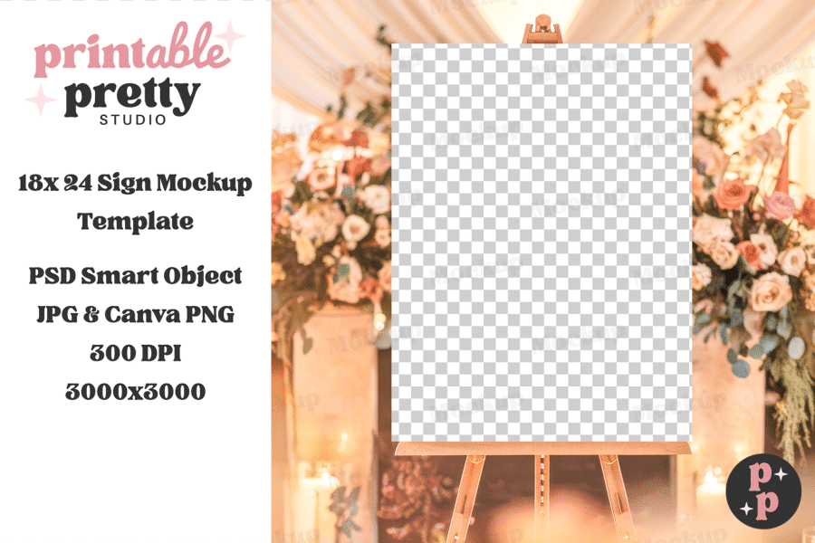 Blank sign on an easel, surrounded by blurred wedding flowers.