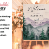 Wedding Welcome Sign With Watercolor Mountains And Forest, Displaying The Names Madeline And Nicholas And Their Wedding Date.