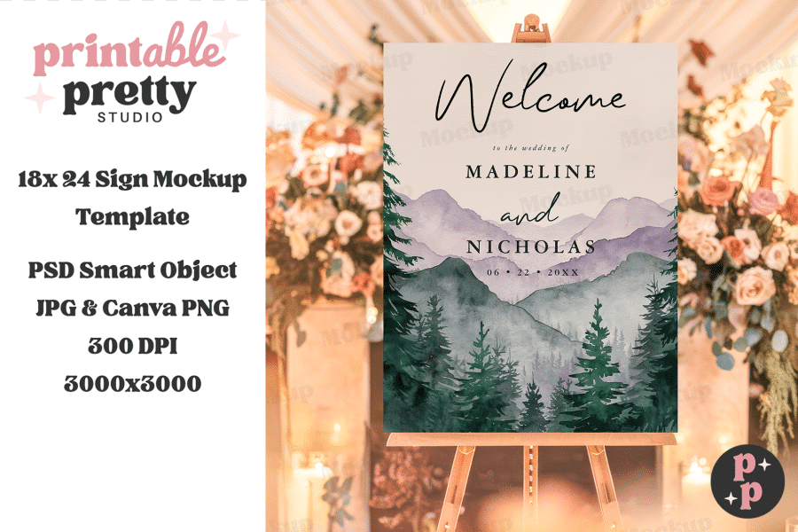 Wedding Welcome Sign With Watercolor Mountains And Forest, Displaying The Names Madeline And Nicholas And Their Wedding Date.